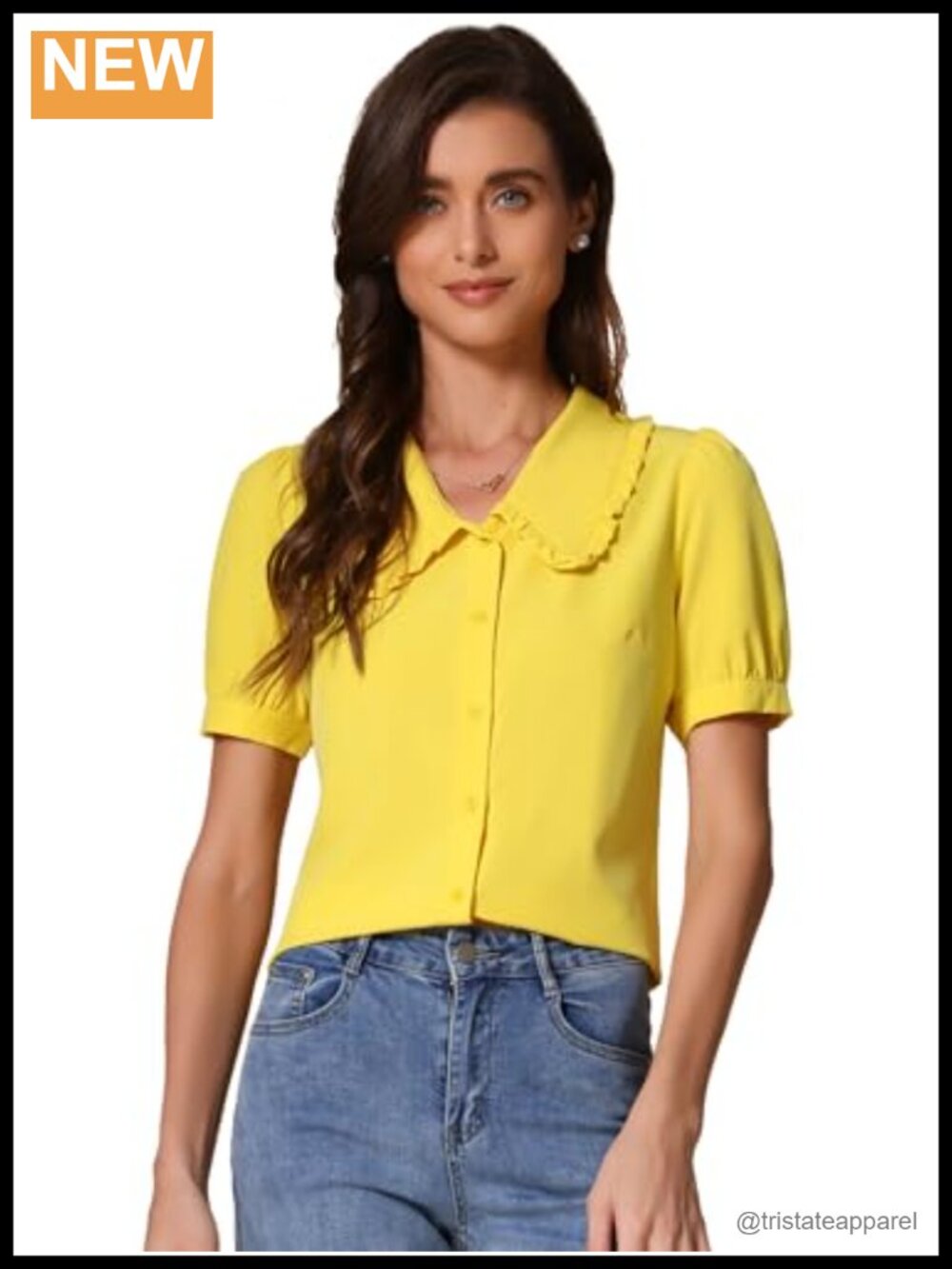 Retro Vintage Button Down Blouse Fall Back to School Cute Ruffle Collar